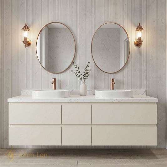 60''-96'' Modern Bathroom Vanity with Sink Floating White Marble Sliding Drawers Cabinet