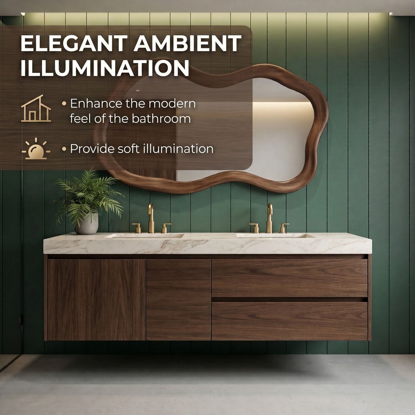 60“-96”Double Vanity Sink - Floating Walnut Cabinet with Wavy Mirror & Marble Top