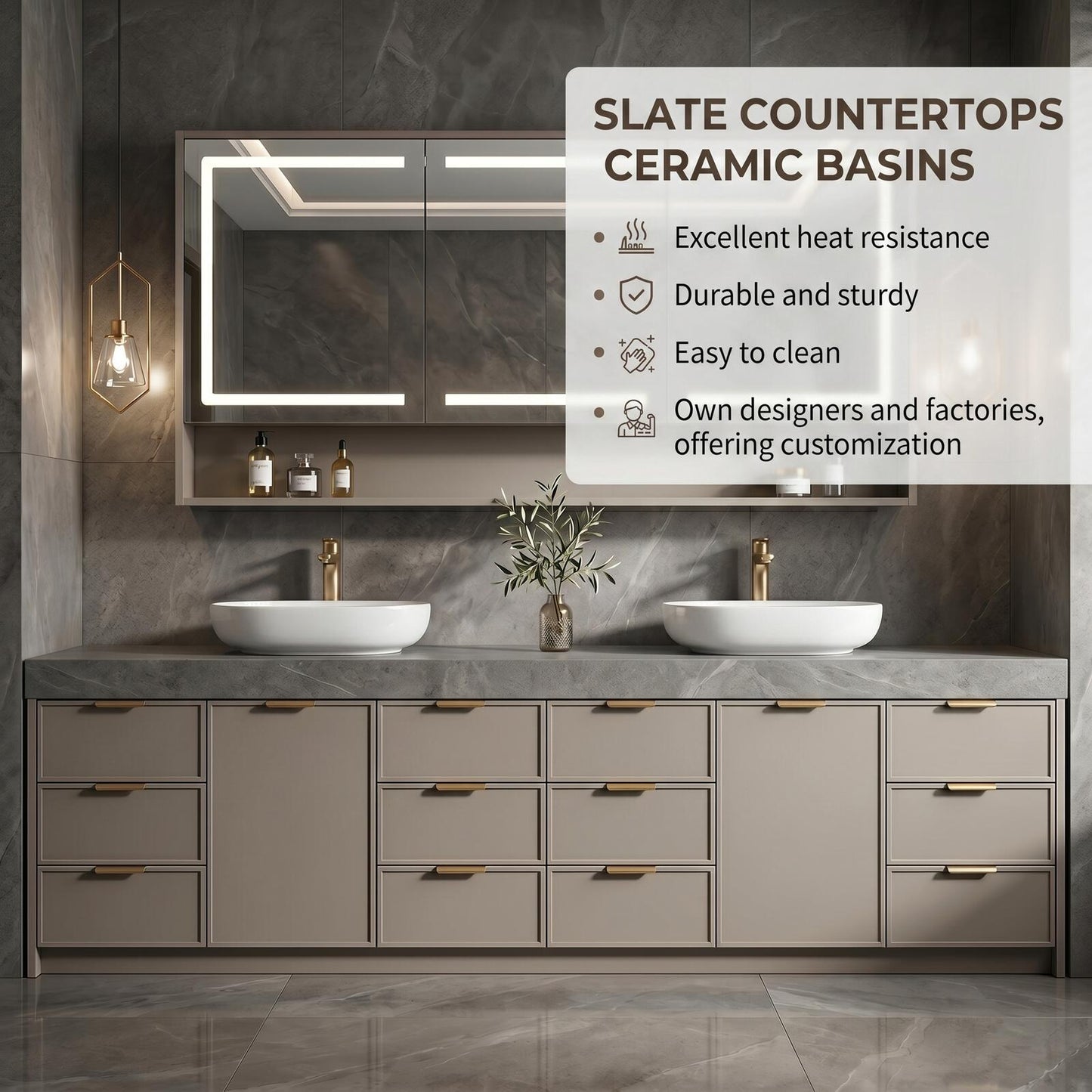 78''-96'' Modern Bathroom Vanity with Sink Double Sink Grey Matte Gold Hardware Cabinet