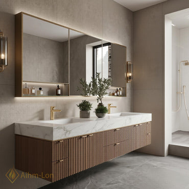 60''-96'' Double Bathroom Vanity with Sink Modern Floating Basins Vertical Slatted Front