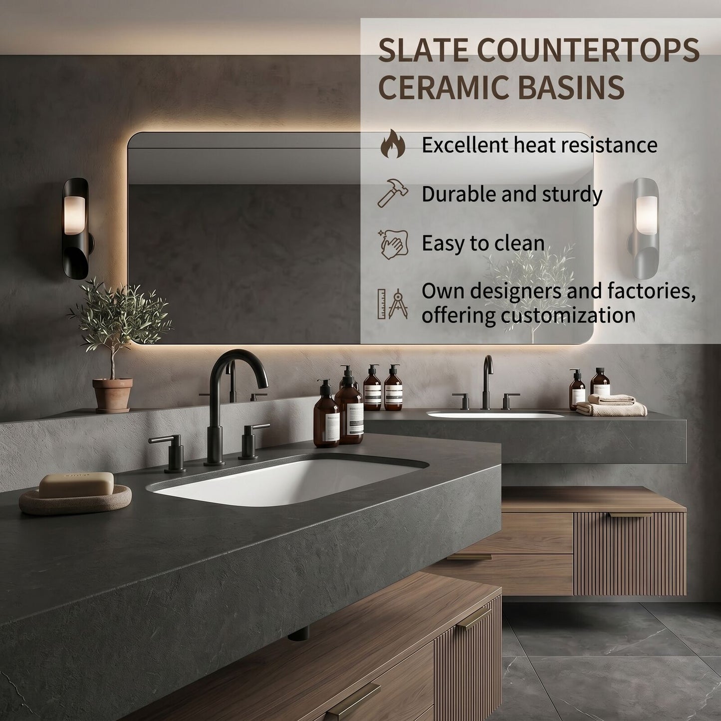 70''-96'' Double Bathroom Vanity with Sink Floating Stone Slab Warm Wood Grain Base