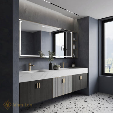 60''-96'' Double Bathroom Vanity with Sink Floating Marble-Effect Top Fluted Center Panels