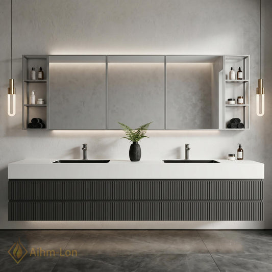 60''-96'' Double Bathroom Vanity with Sink Floating Double Charcoal Finish Slatted Front