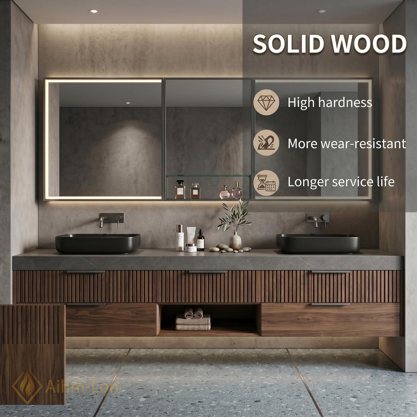 70''-96'' Modern Bathroom Vanity with Sink Floating Dark Walnut Slatted Stone Shelving