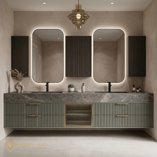 60''-96'' Double Bathroom Vanity with Sink Grooved Panel Front Gray Stone Vein