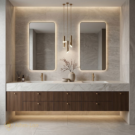 70''-96'' Double Bathroom Vanity with Sink Modern Stone-Top Fluted Panels Marble Sleek