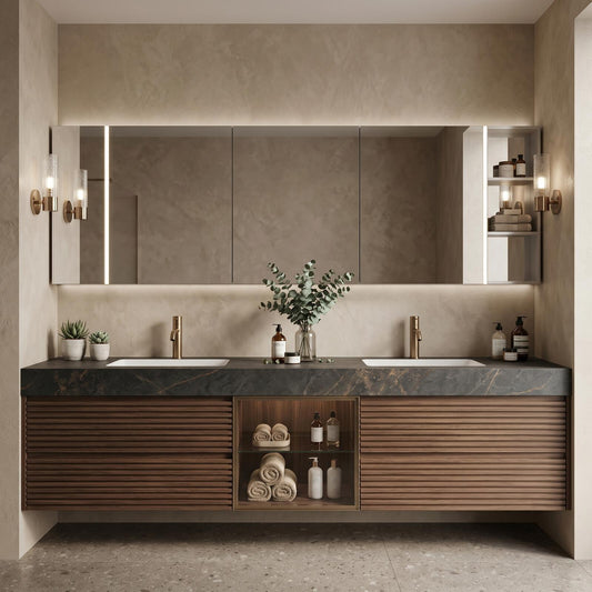 60''-96'' Double Bathroom Vanity with Sink Modern Floating Dark Stone-Effect Slatted Wood