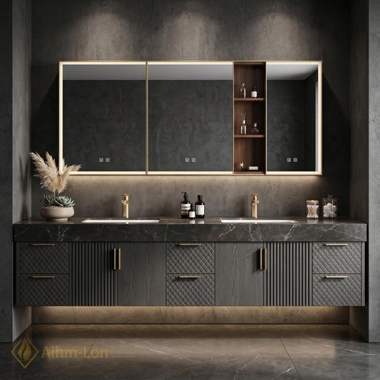70''-96'' Double Bathroom Vanity with Sink Modern Floating Dark Stone Countertop Textured