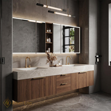 60''-96'' Double Bathroom Vanity with Sink Floating Dark Walnut Finish Slatted Panel