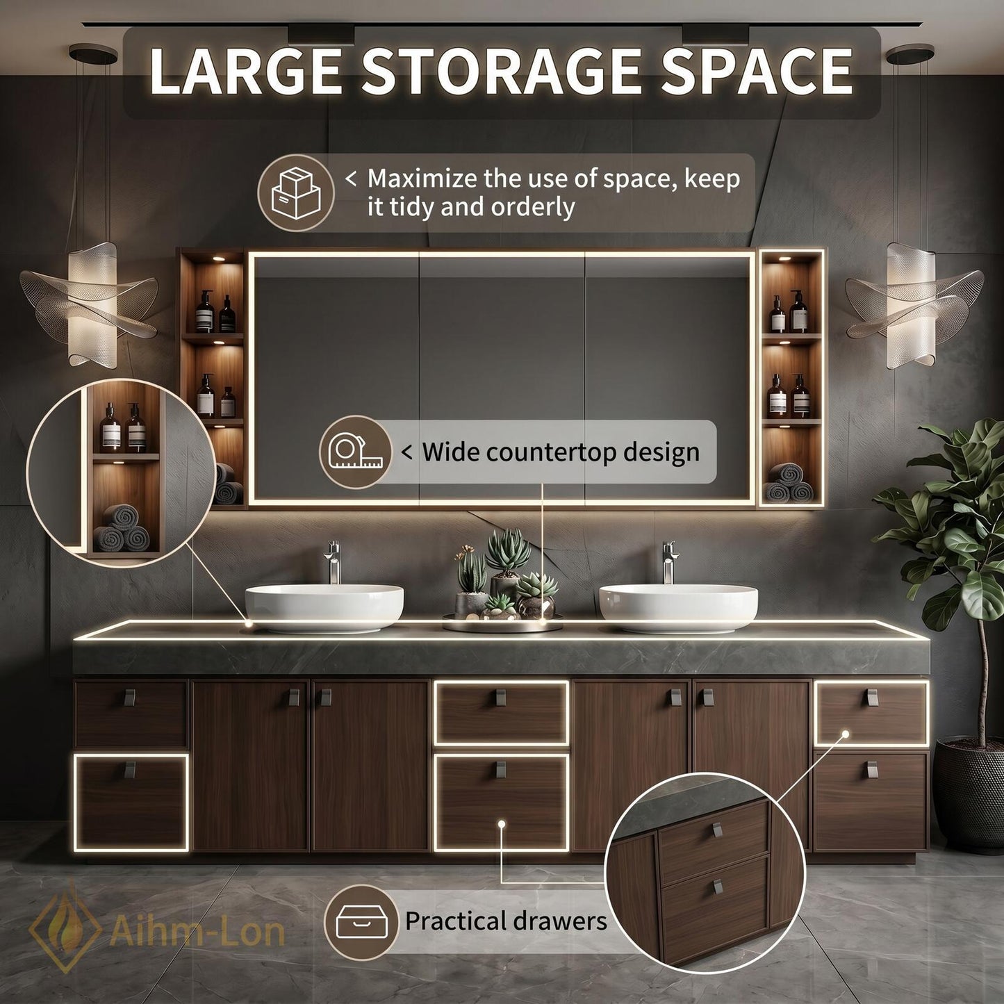 76''-96'' Modern Double Bathroom Vanity with Sink Dark Wood Stone Top Cabinet