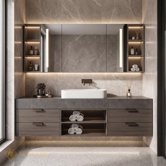 36''-110'' Floating Bathroom Vanity with Sink Grey Sintered Stone Open Shelving