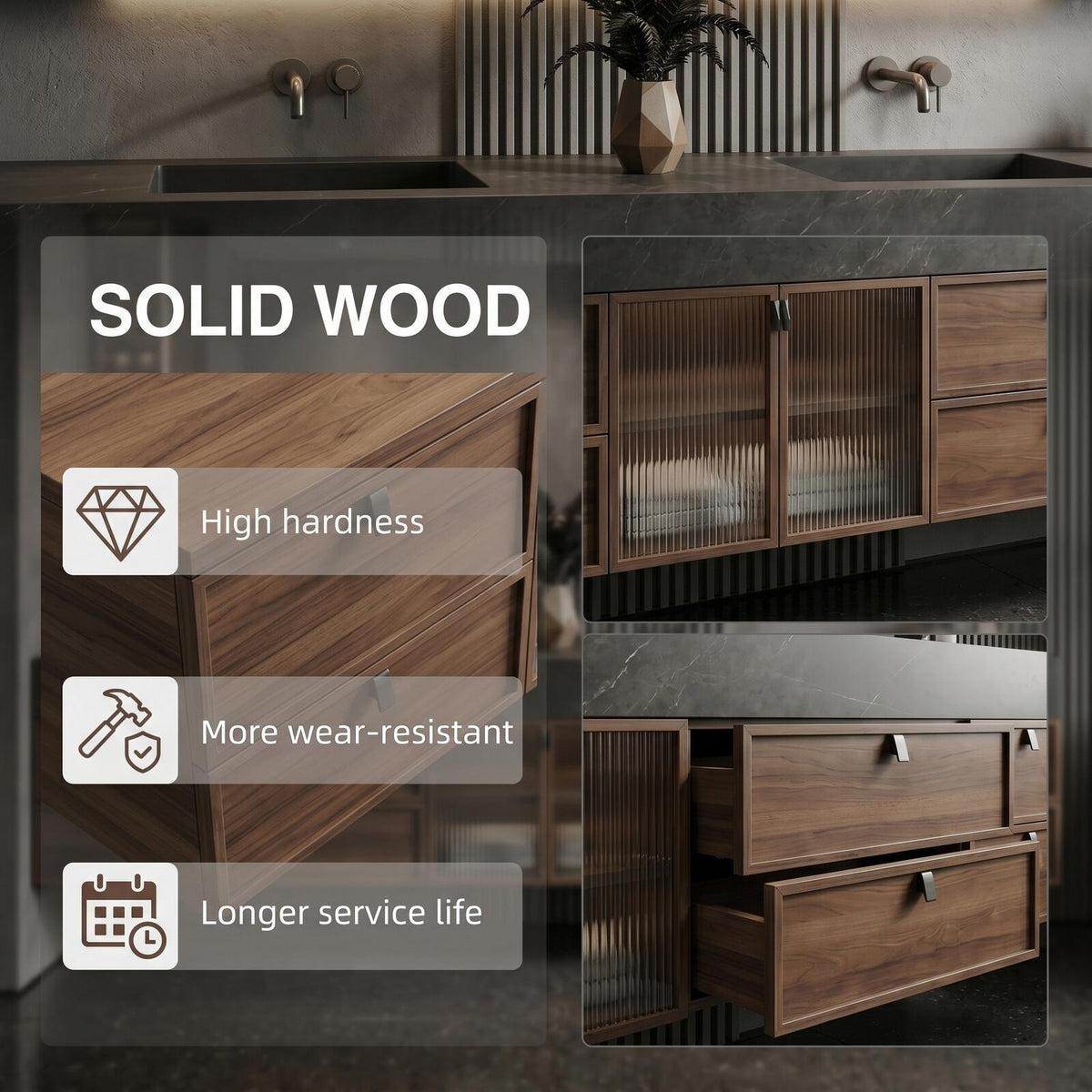 60''-96'' Double Bathroom Vanity with Sink Modern Floating Slatted Wood Dark Stone Top