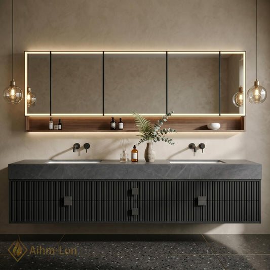 60''-96'' Bathroom Vanity with Sink Modern Floating Slatted Front Panels Mirror Shelf