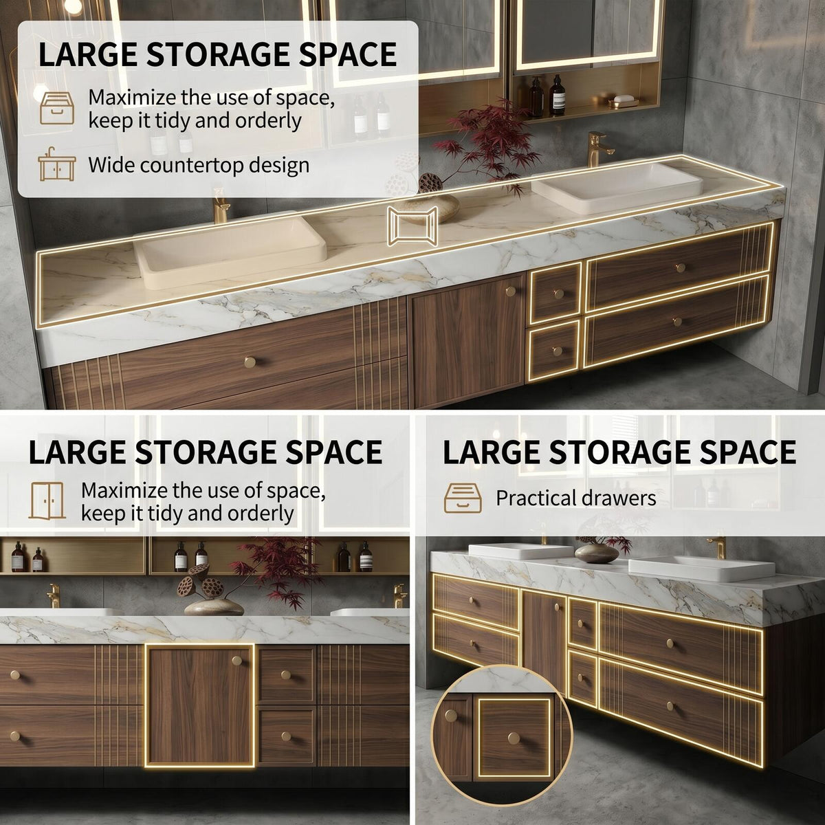 60''-96'' Double Bathroom Vanity with Sink Modern Floating Dark Walnut Grain Storage