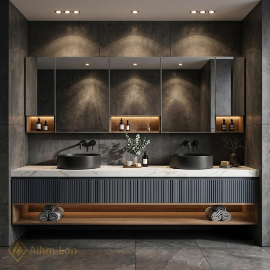 60''-96'' Double Bathroom Vanity with Sink Modern Floating Slatted Front Panel Marble