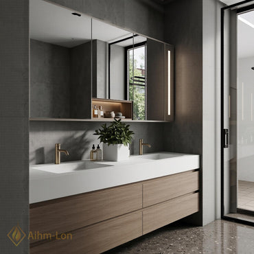 60''-96'' Modern Bathroom Vanity with Sink Floating Wide Mirror Wood Grained Drawers