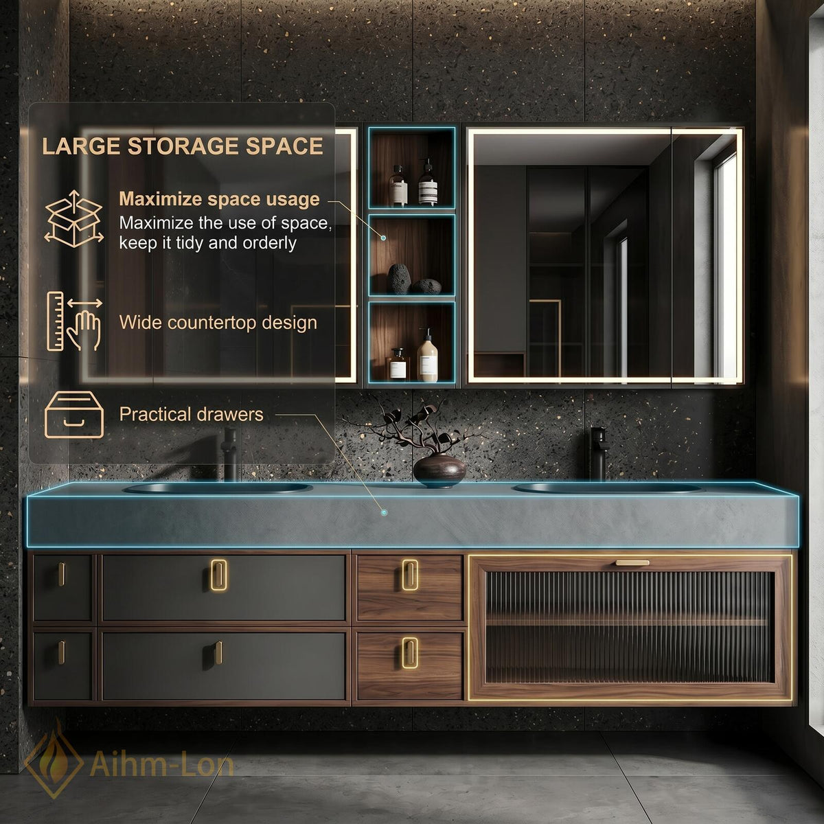 60''-96'' Double Bathroom Vanity with Sink Modern Floating Slatted Glass Doors Shelving