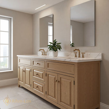 76''-96'' Modern Bathroom Vanity with Sink Light Oak White Marble Deep Drawers