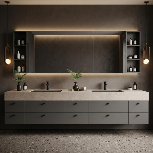 60''-96'' Double Bathroom Vanity with Sink Floating Matte Charcoal Stone-Effect Extensive Drawers