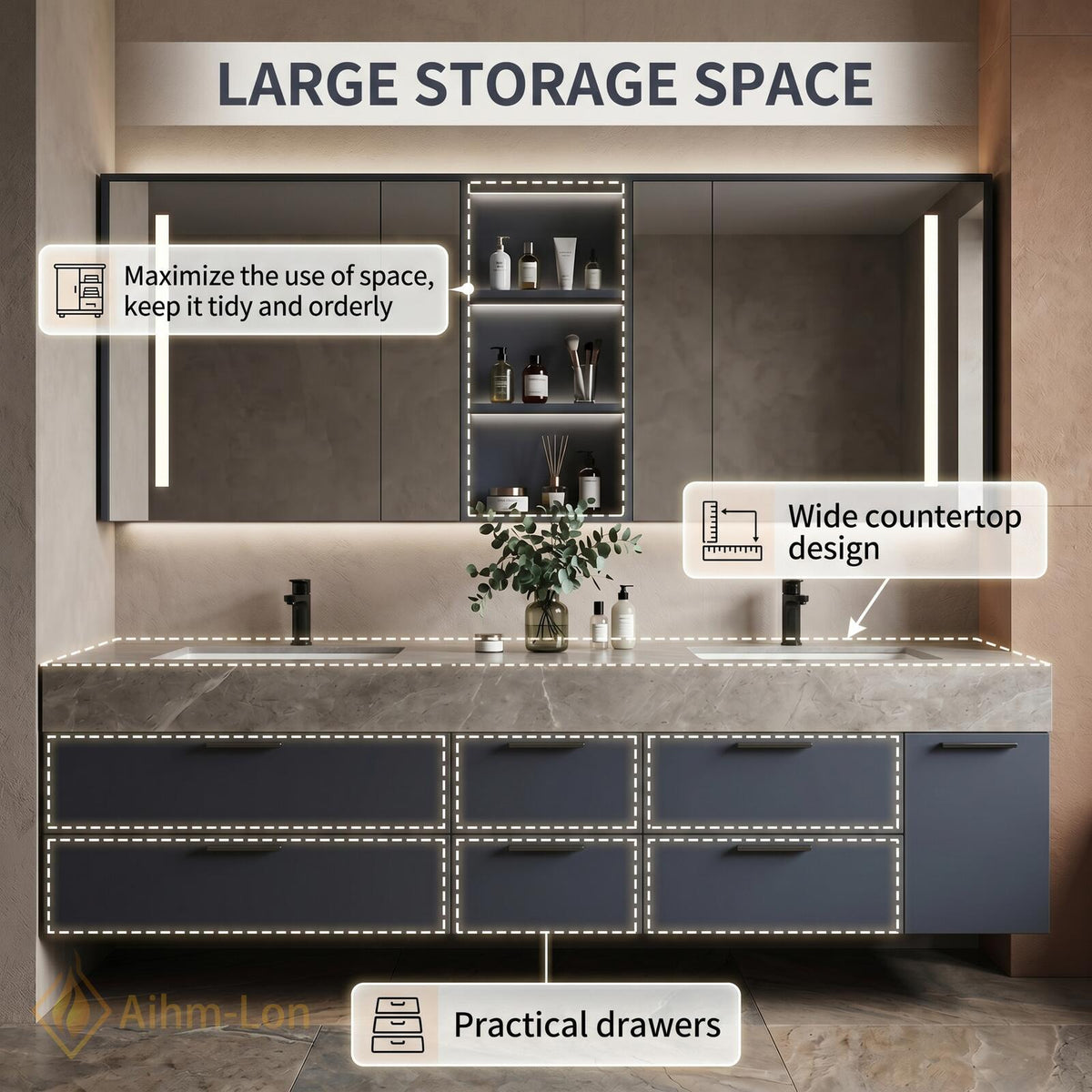 60''-96'' Double Bathroom Vanity with Sink Floating Gray Matte Finish Glass Mirrors
