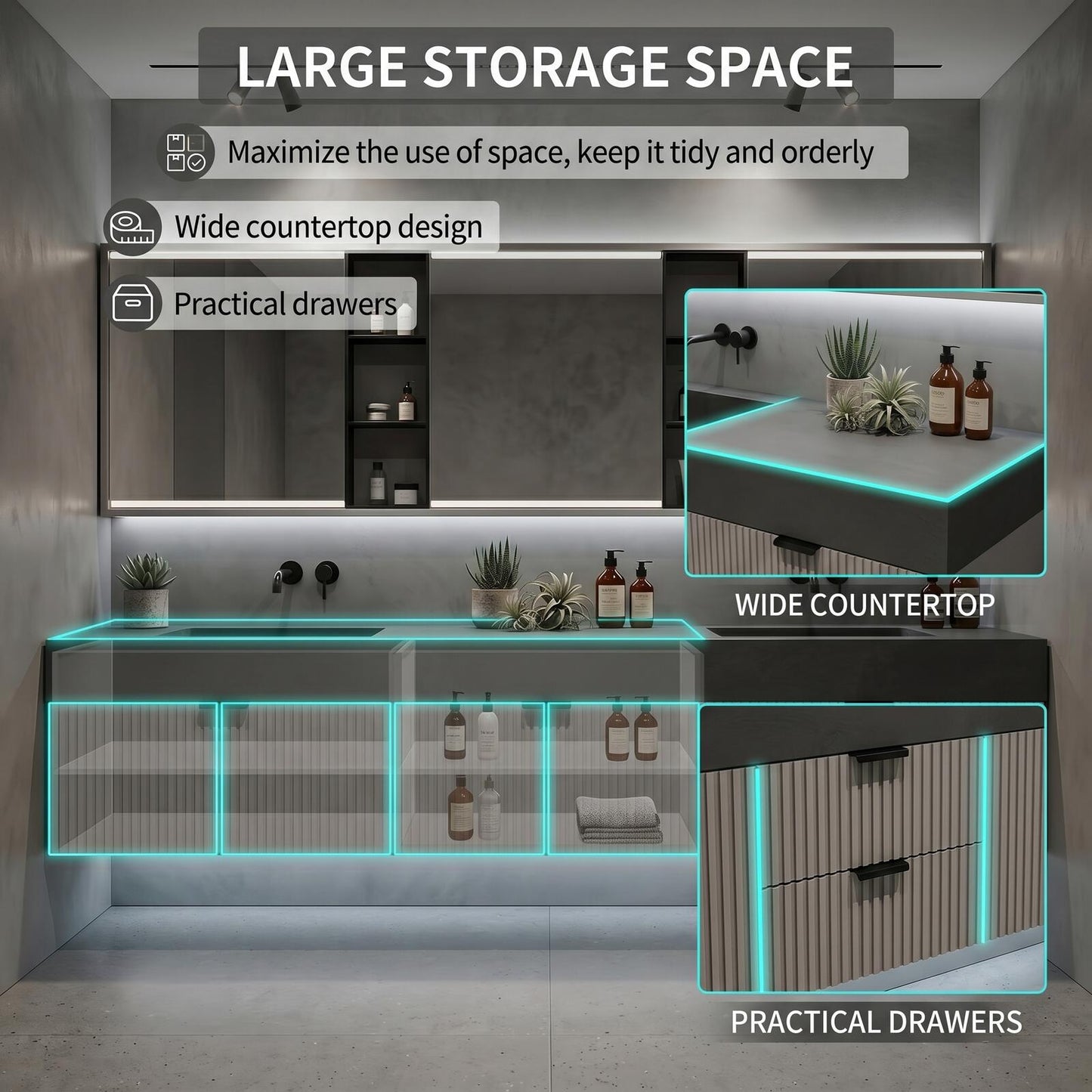 60''-96'' Modern Bathroom Vanity with Sink Double Sink Fluted Door Slate Grey Cabinet