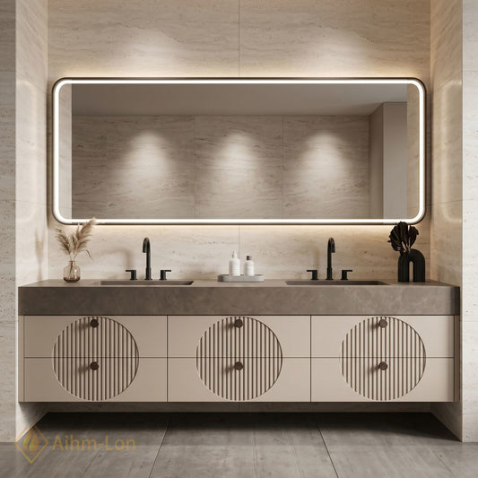 76''-96'' Double Bathroom Vanity with Sink Modern Stone-Top Three Grooved Panels LED