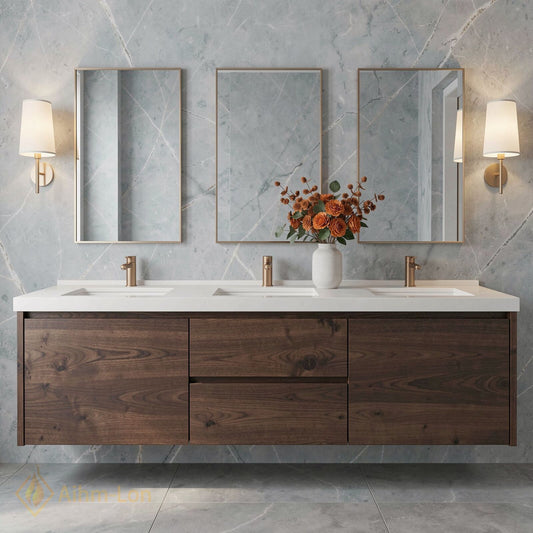 78''-96'' Modern Bathroom Vanity with Sink Wood Marble Drawers Spacious Mirror Cabinet