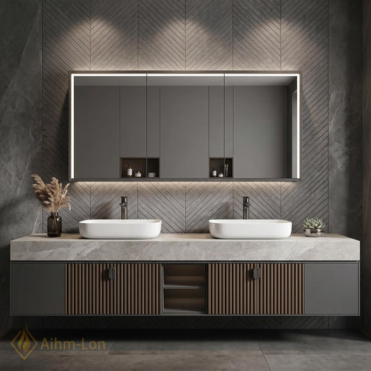 60''-96'' Double Bathroom Vanity with Sink Floating Vanity Open Shelving Slat Paneled