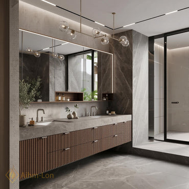 60''-96'' Double Bathroom Vanity with Sink Modern Slatted Wood Panels Stone-Like Countertop