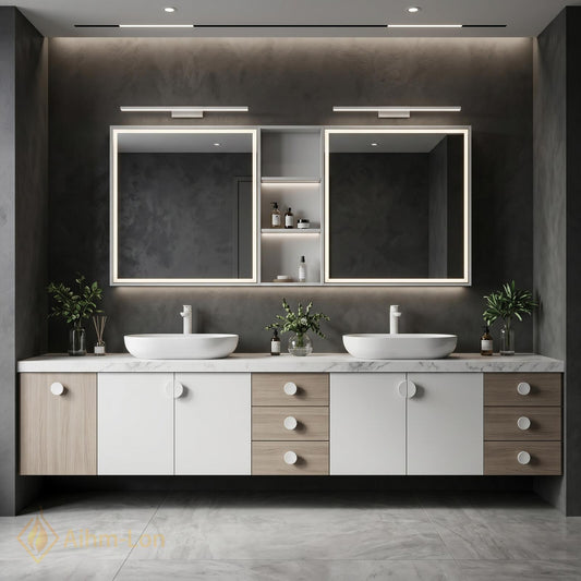 70''-96'' Modern Double Bathroom Vanity with Sink White Marble-Look Center Drawer Cabinet