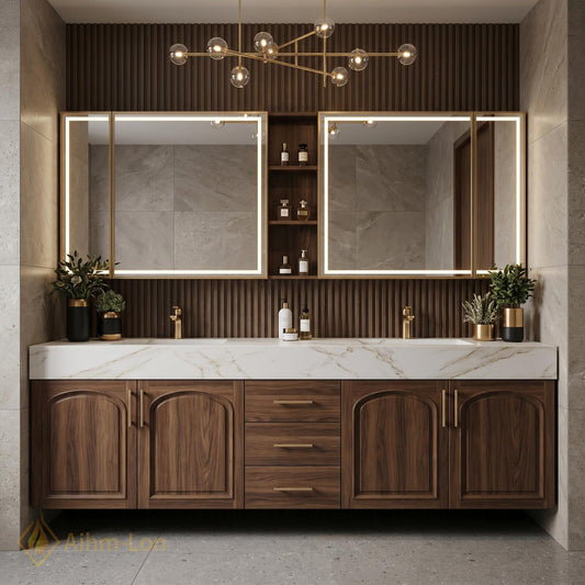 72''-96'' Double Bathroom Vanity with Sink Modern Floating Top Doors Slatted-Panel