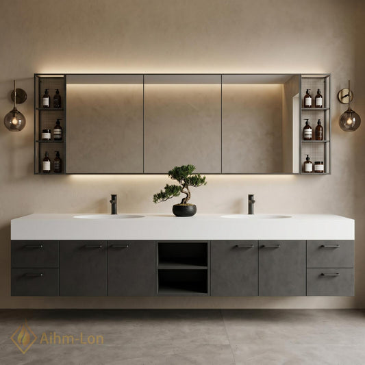 60''-96'' Double Bathroom Vanity with Sink Modern Floating Grey Stone Finish Open