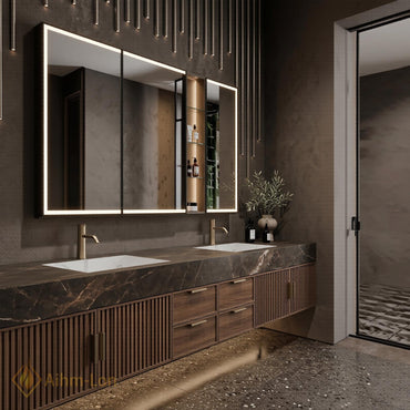 60''-96'' Double Bathroom Vanity with Sink Floating Dark Marble Slatted Center Panel