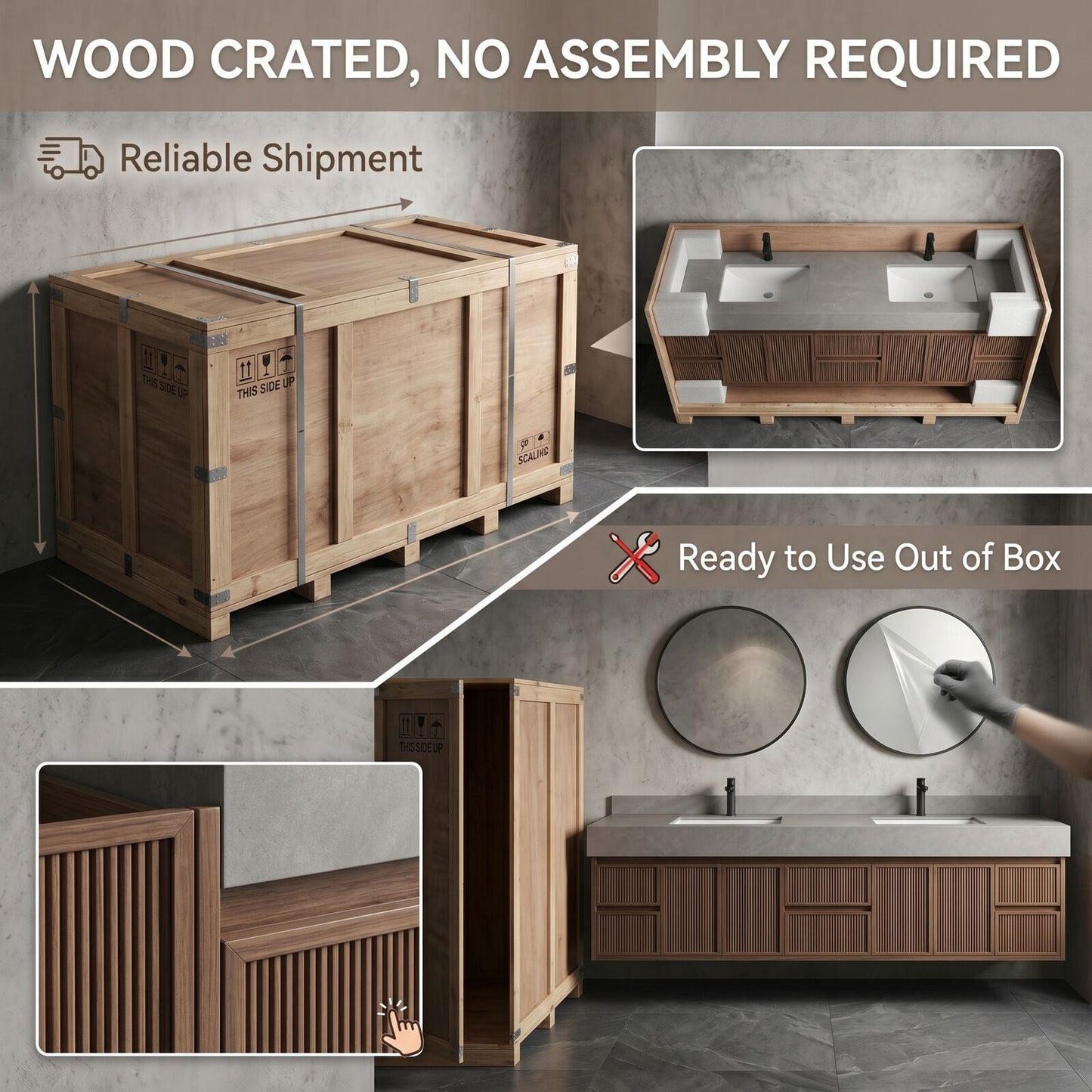 60''-96'' Modern Bathroom Vanity with Sink Double Sink Grey Marble Slatted Doors Cabinet