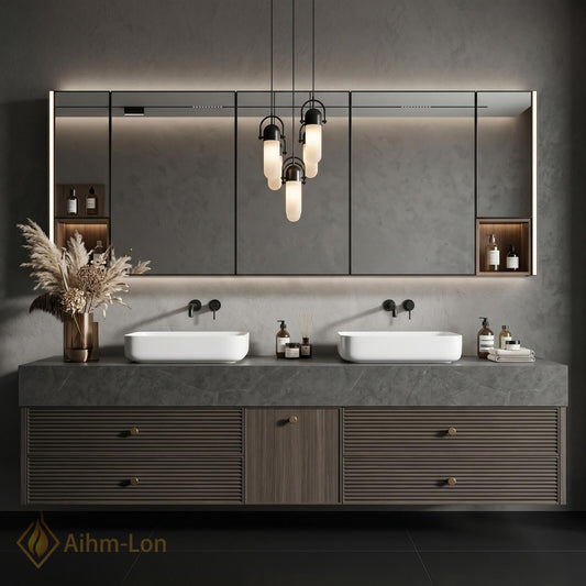 60''-96'' Double Bathroom Vanity with Sink Modern Floating Basins Dual Vessel Slat