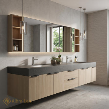 76''-96'' Double Bathroom Vanity with Sink Floating Double Concrete Open Shelving Minimalist