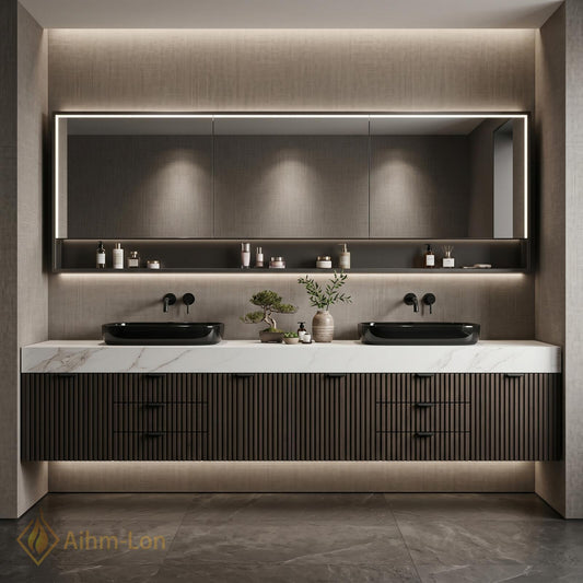 60''-96'' Double Bathroom Vanity with Sink Modern Floating Dark Walnut Slatted Front