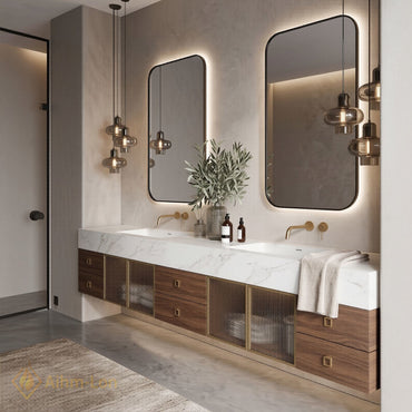 70''-96'' Double Bathroom Vanity with Sink Floating Solid-Wood Mirror-Cabinet Glass Doors Base