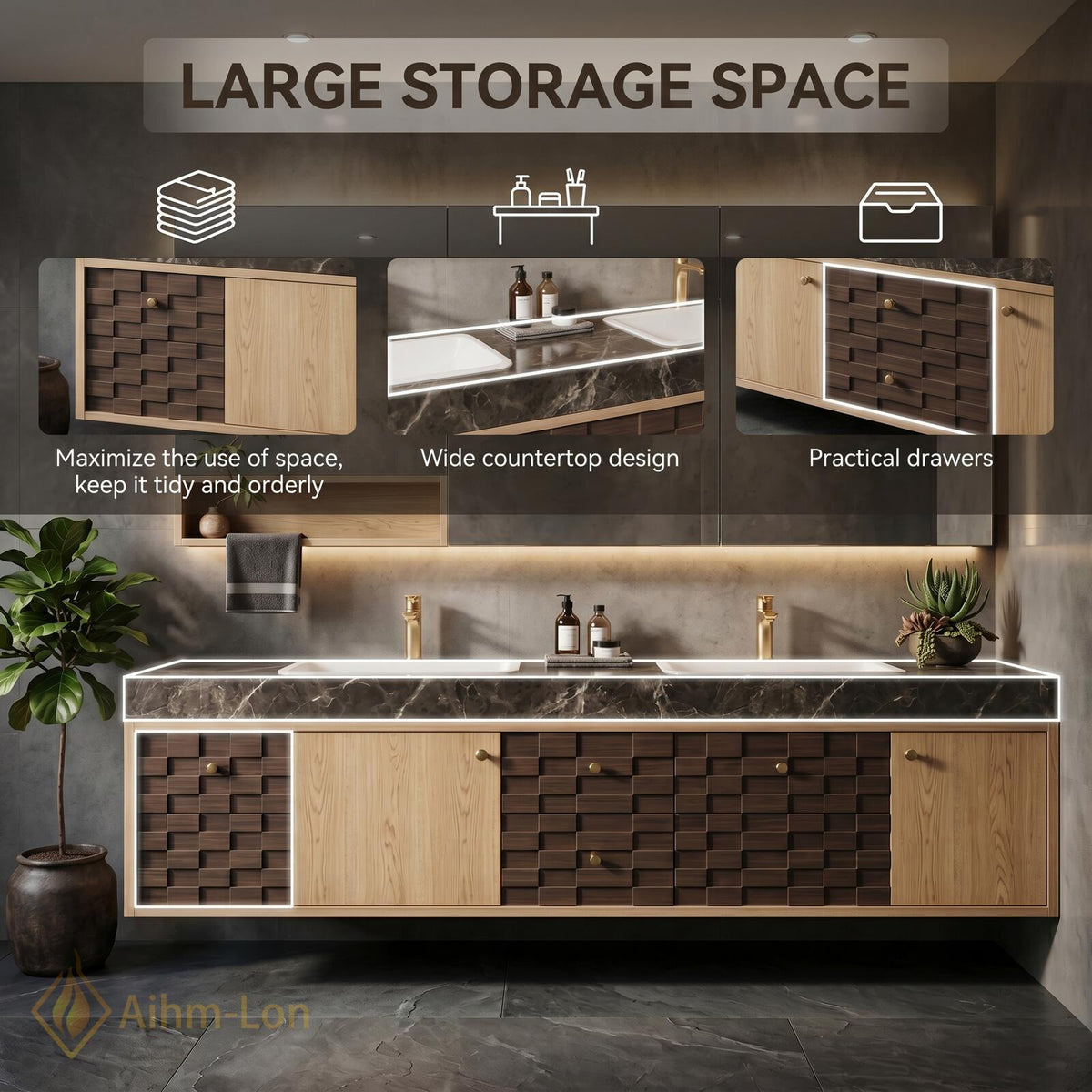 60''-96'' Double Bathroom Vanity with Sink Floating Dark Stone Geometric Drawer Fronts