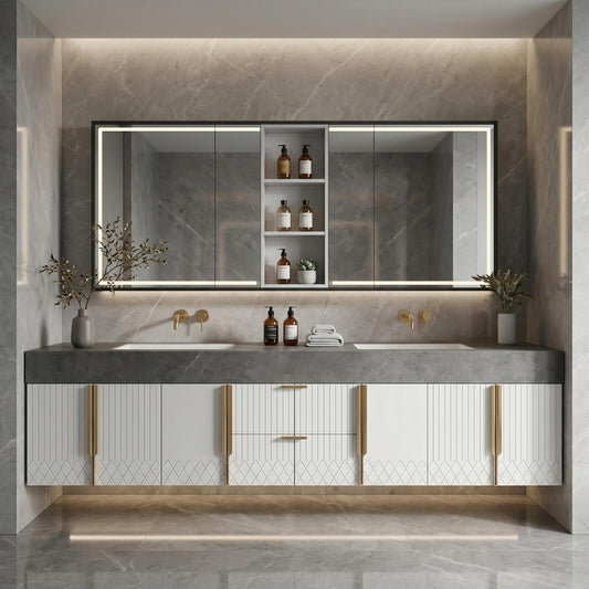 60''-96'' Double Bathroom Vanity with Sink Modern Floating Grey Marble White Vertical Stripe