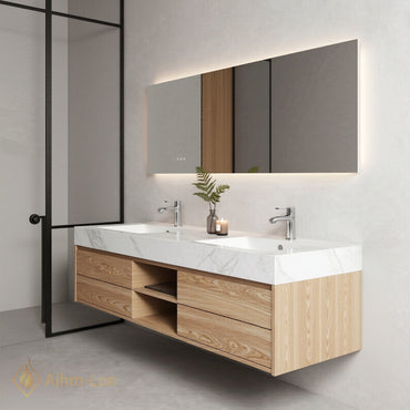 60''-96'' Double Bathroom Vanity with Sink White Marble Top Two Large Drawers Cabinet
