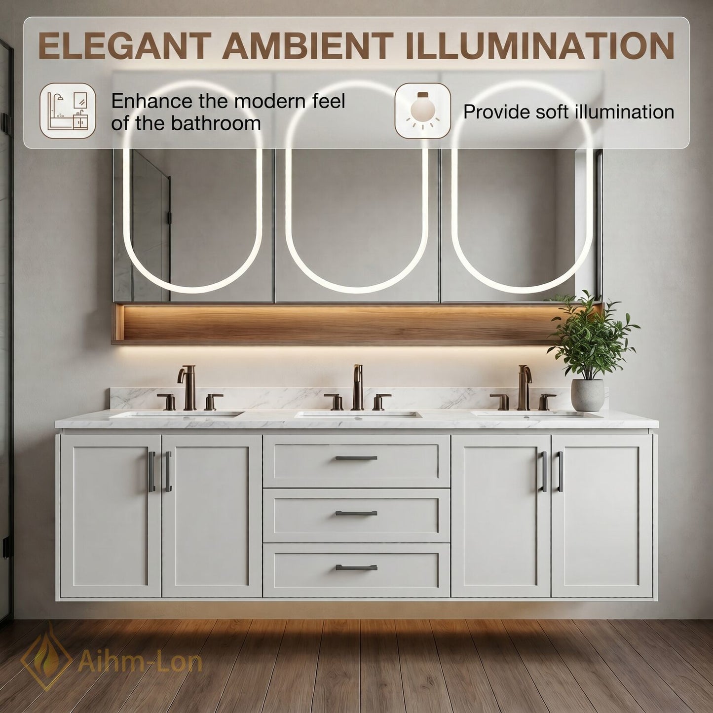 72''-96'' Triple Bathroom Vanity with Sink Triple Basin Marble Surface Floating Design