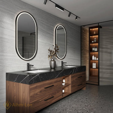 60''-96'' Double Bathroom Vanity with Sink Dark-Walnut Modern Floating Slatted Center Panel