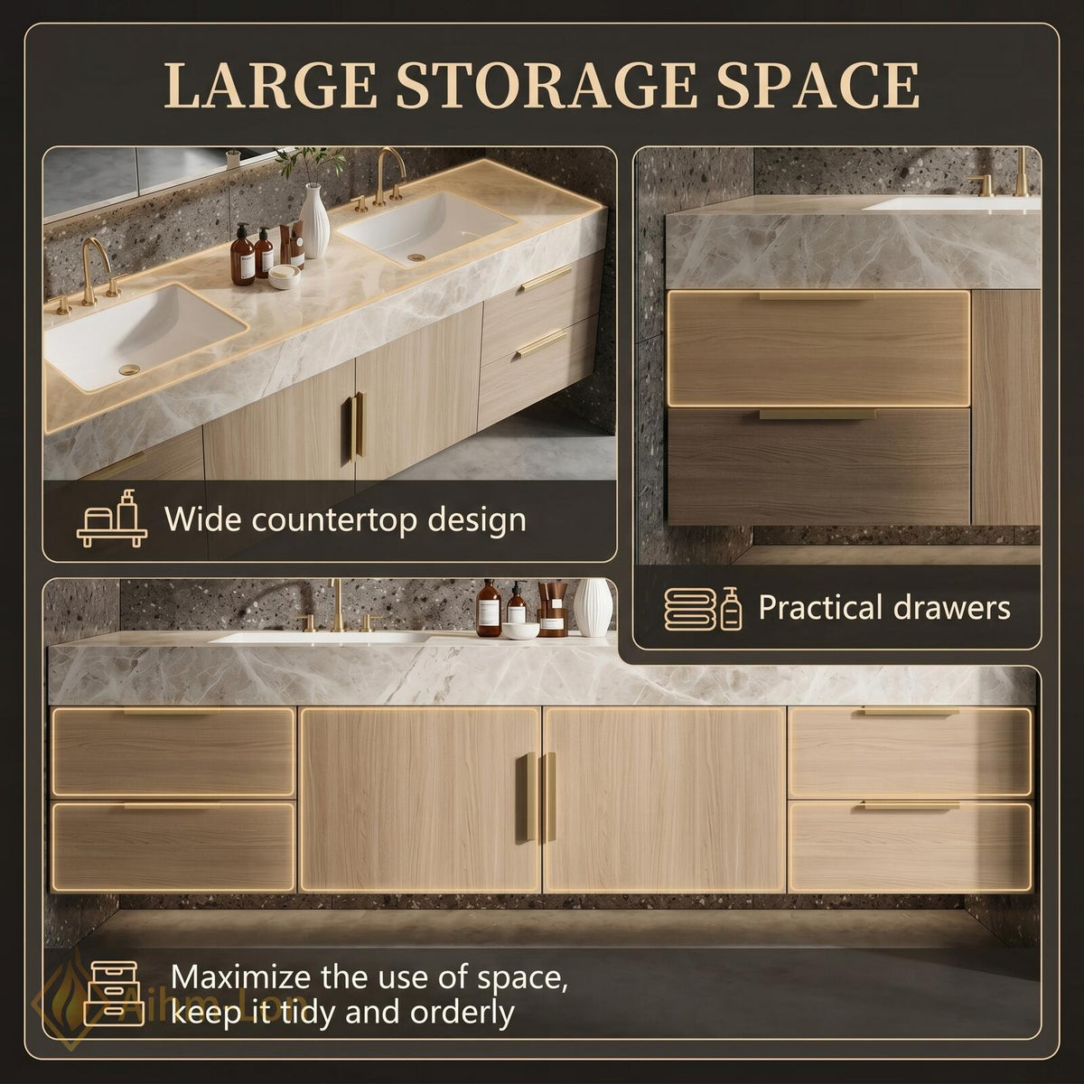 60''-96'' Double Bathroom Vanity with Sink Modern Floating Wood Grain Finish Open