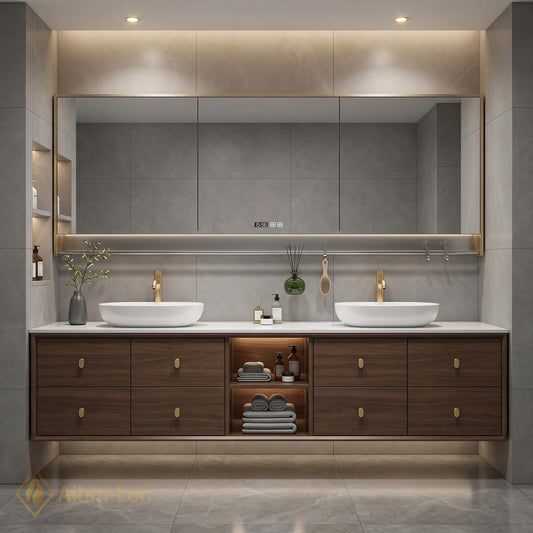 60''-96'' Bathroom Vanity with Sink Modern Floating 2 Users Open Center Shelves