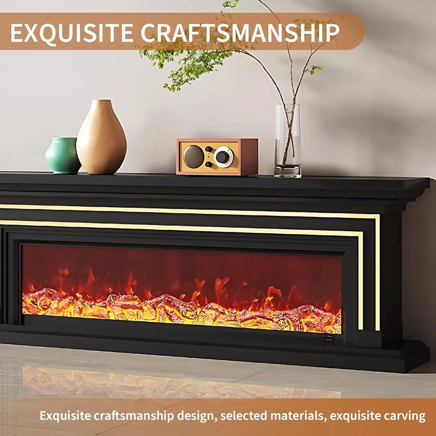 Aihm-Lon Simple Electric Fireplace with Golden line decoration 59”-95”