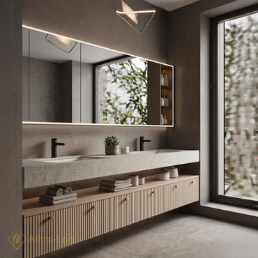 60''-96'' Floating Bathroom Vanity with Sink Slatted Doors Stone-Like Top Open Shelving