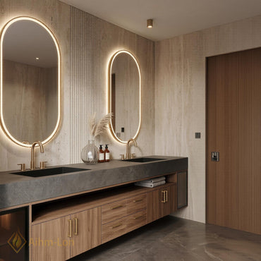 76''-96'' Double Bathroom Vanity with Sink Dark-Walnut Slatted Center Panel Open