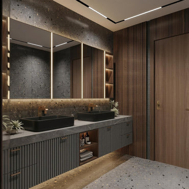 60''-96'' Double Bathroom Vanity with Sink Modern Floating Dark Slatted Speckled Stone Top