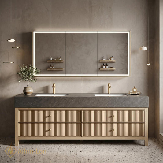 60''-96'' Modern Double Bathroom Vanity with Sink Light Wood Fluted Drawer Fronts